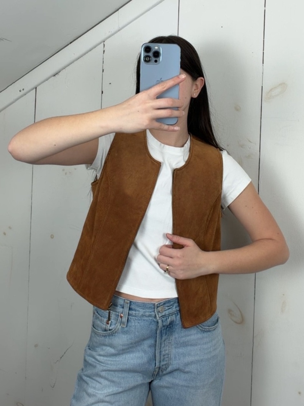 Lord & Taylor Tan Brown Suede Leather Full Zip Jacket Vest Women’s 8 P Western